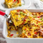 A vibrant slice of Sausage Egg Breakfast Casserole, filled with peppers and corn, is lifted from a white baking dish with a red-handled server.