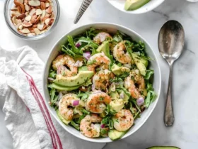 Top-down view of a delicious shrimp avocado salad in a white bowl, with mandarin orange salad, almonds, and a halved avocado.