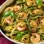 A vibrant dish of Shrimp Pesto Pasta with linguine, green pesto, plump shrimp, and asparagus spears, garnished with fresh basil in a white bowl.