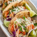 A platter of vibrant shrimp tacos, each filled with seasoned shrimp, avocado, crumbled cheese, creamy sauce, red cabbage, and fresh cilantro, garnished with lime wedges.