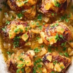Close-up of golden-brown Slow Cooker Apple Chicken thighs with diced apples, caramelized onions, and fresh parsley in a rustic dish.