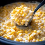 A close-up of a black ladle scooping creamy yellow slow cooker creamed corn from a dark pot.