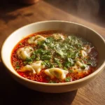 A steaming bowl of spicy dumpling soup, featuring dumplings in a rich red chili oil broth, topped with cilantro and sesame seeds on a wooden table.