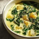 A close-up of a creamy spinach potato soup in a white bowl, featuring tender potatoes and vibrant spinach, garnished with black pepper.