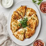 Golden-brown Steak Quesadillas cut into wedges, served on a white platter with sour cream, pico de gallo, and cilantro.