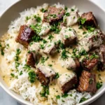 An appetizing bowl from a Steak Queso Rice Recipe, featuring seared steak bites and creamy queso over fluffy white rice.