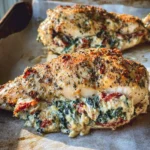 Two golden-brown stuffed chicken breasts with a creamy spinach and sun-dried tomato filling on a parchment-lined baking sheet.