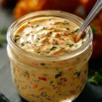 A glass jar brimming with creamy Tangy New Orleans Remoulade sauce, visibly flecked with herbs and peppers, with a spoon immersed.