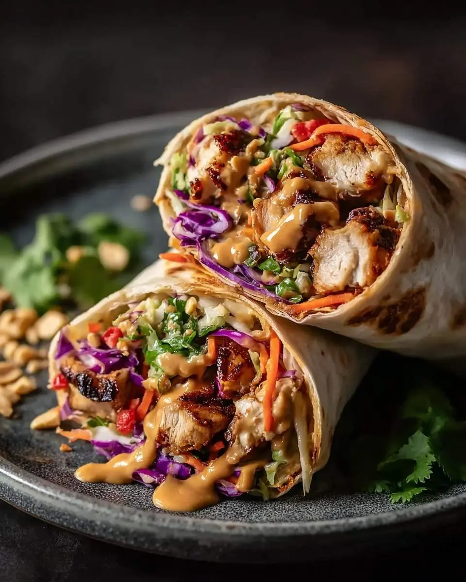 Thai Peanut Chicken Wraps 27 Two Thai Peanut Chicken Wraps cut in half and stacked on a dark plate, revealing chicken, slaw, and a creamy peanut sauce.