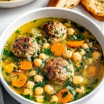 A close-up of a hearty turkey meatball soup in a white bowl, featuring tender meatballs, chickpeas, carrots, and fresh parsley.