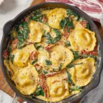 A close-up of creamy Tuscan Ravioli with spinach and sun-dried tomatoes in a black skillet, ready to serve.