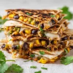 A towering stack of golden-brown Vegetarian Quesadillas filled with black beans, corn, melted cheese, and green peppers, garnished with fresh cilantro.
