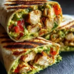 Close-up of grilled Zesty Avocado Chicken Wraps cut in half, revealing seasoned chicken, creamy avocado, and fresh tomatoes.