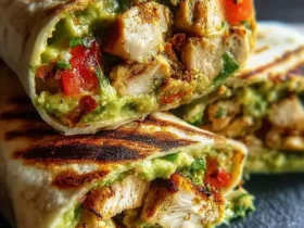 Close-up of grilled Zesty Avocado Chicken Wraps cut in half, revealing seasoned chicken, creamy avocado, and fresh tomatoes.