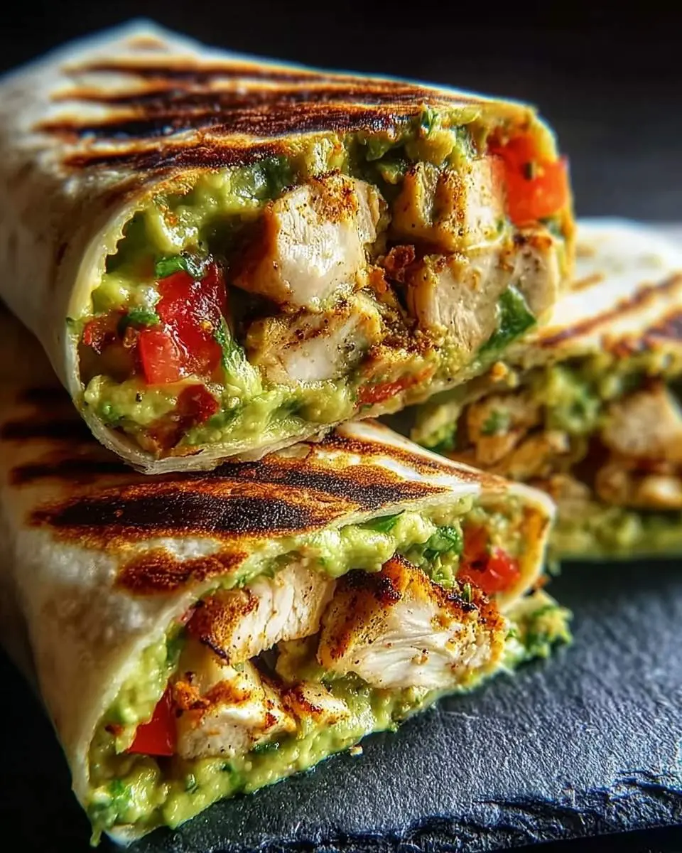 Zesty Avocado Chicken Wraps 27 Close-up of grilled Zesty Avocado Chicken Wraps cut in half, revealing seasoned chicken, creamy avocado, and fresh tomatoes.