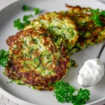Golden-brown zucchini fritters garnished with fresh parsley, served on a white plate with a spoonful of sour cream.