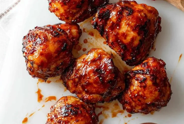 Six glossy Air Fryer BBQ Chicken Thighs are arranged on a white cutting board next to a pink basting brush and extra sauce.