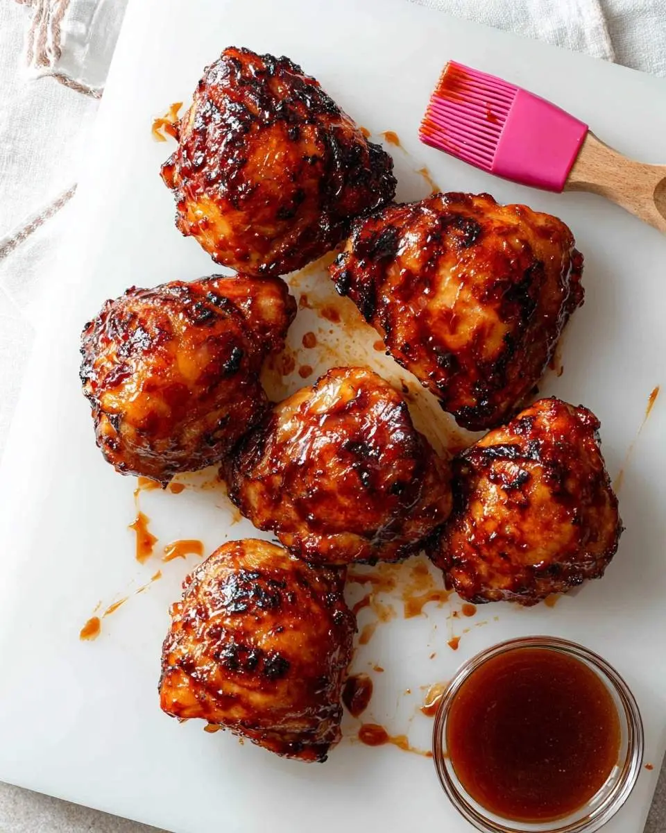 Air Fryer BBQ Chicken Thighs 28 Six glossy Air Fryer BBQ Chicken Thighs are arranged on a white cutting board next to a pink basting brush and extra sauce.