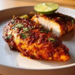 Close-up of two juicy Air Fryer Chili Lime Chicken Breasts, one sliced, garnished with fresh herbs and a lime wedge on a white plate.