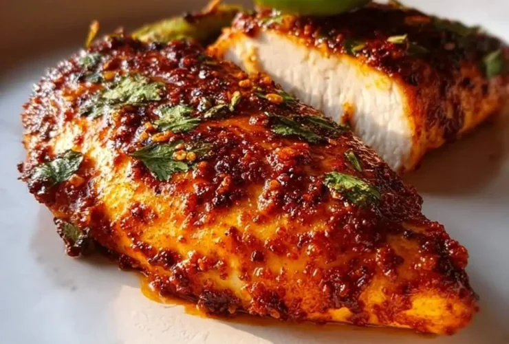 Close-up of two juicy Air Fryer Chili Lime Chicken Breasts, one sliced, garnished with fresh herbs and a lime wedge on a white plate.