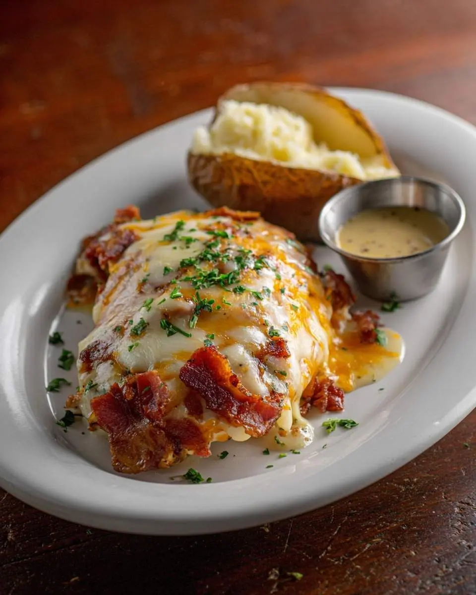 A tempting Alice Springs Chicken dish, featuring a cheese-covered chicken breast topped with bacon, a baked potato, and sauce on a white plate.
