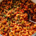 A white pot filled with a vibrant American Goulash, featuring macaroni, ground beef, tomatoes, corn, peppers, and fresh parsley.