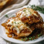 A close-up of delicious Baked Caramelized Onions and Chicken topped with melted cheese and fresh thyme on a white plate.