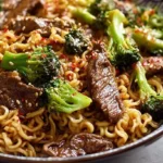 A close-up shot of a steaming bowl of delicious Beef and Broccoli Ramen, garnished with sesame seeds and chili flakes.