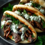 Three delicious Beef and Mushroom Pita Pockets overflowing with savory slices, sautéed mushrooms, fresh greens, and a creamy sauce on a dark plate.