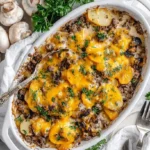 A close-up of a bubbling hot beef and potato casserole in a white baking dish, topped with melted cheese and fresh parsley.