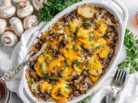 beef and potato casserole 53 A close-up of a bubbling hot beef and potato casserole in a white baking dish, topped with melted cheese and fresh parsley.