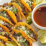 A white platter filled with delicious Beef Birria Tacos, garnished with crumbled cheese and cilantro, served with rich consommé and lime wedges.