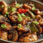 A close-up shot of a rustic bowl filled with glossy Black Pepper Chicken with Mushrooms, green and red bell peppers, garnished with fresh green onions.