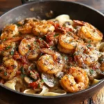 A skillet of creamy Blackened Shrimp Stroganoff with mushrooms, sun-dried tomatoes, and pasta, garnished with fresh parsley.