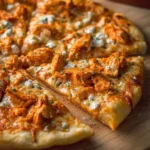 A close-up shot of a freshly baked Buffalo Chicken Pizza, topped with shredded chicken, blue cheese crumbles, and parsley, on a wooden board.