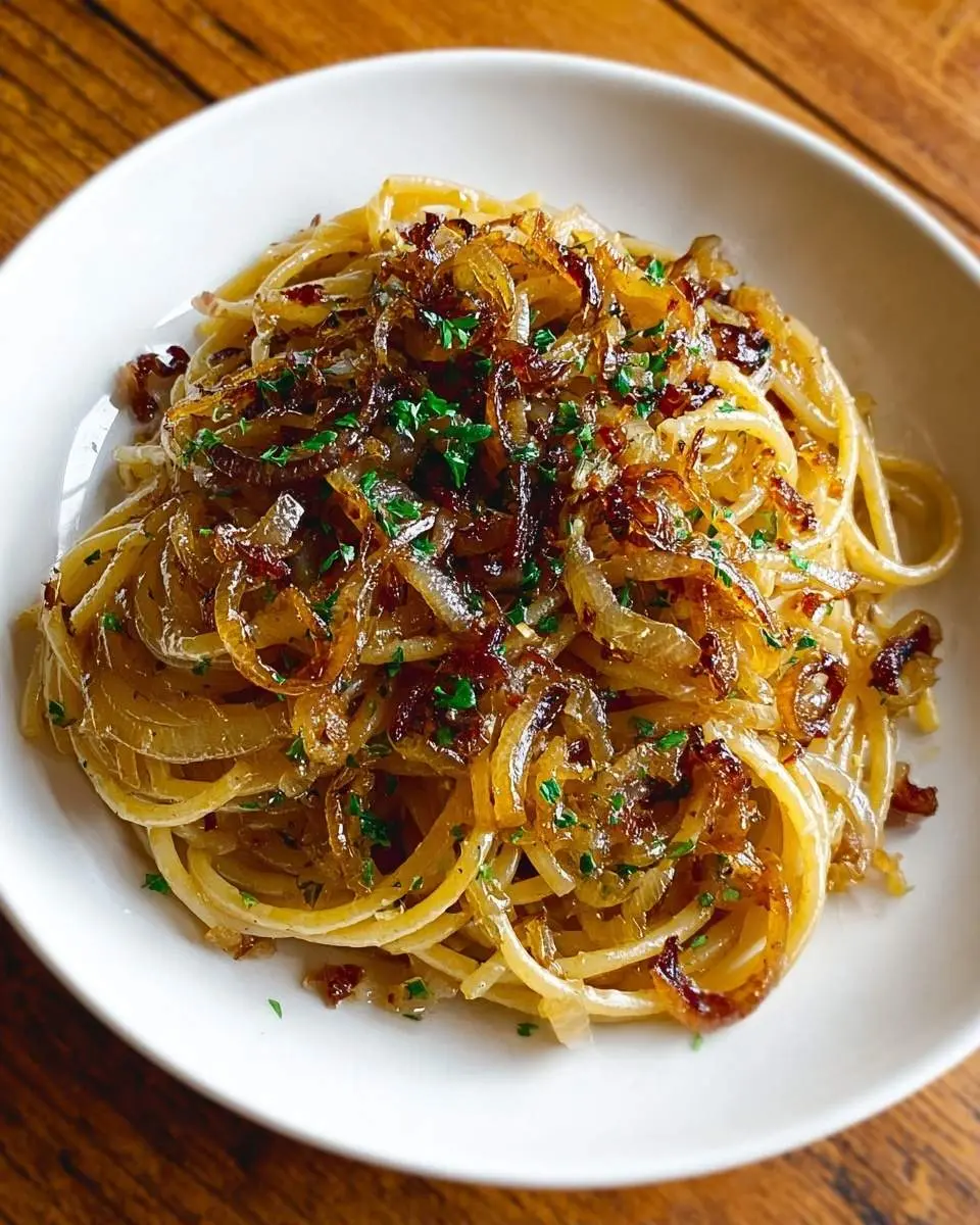 caramelised onion pasta 29 A close-up shot of a white bowl filled with delicious caramelised onion pasta, garnished with fresh parsley.