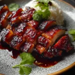Slices of glistening Char Siu Chicken served with white rice, fresh cilantro, and a rich sauce on a grey speckled plate.