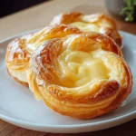 Close-up of two golden, flaky Cheese Danish pastries with creamy yellow filling on a white plate, set on a wooden table.