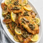 Golden brown chicken piccata cutlets, drizzled with sauce and topped with capers, lemon slices, and fresh parsley on a white platter.