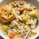 A close-up of a white bowl filled with creamy chicken pot pie soup, topped with a golden biscuit and fresh parsley.
