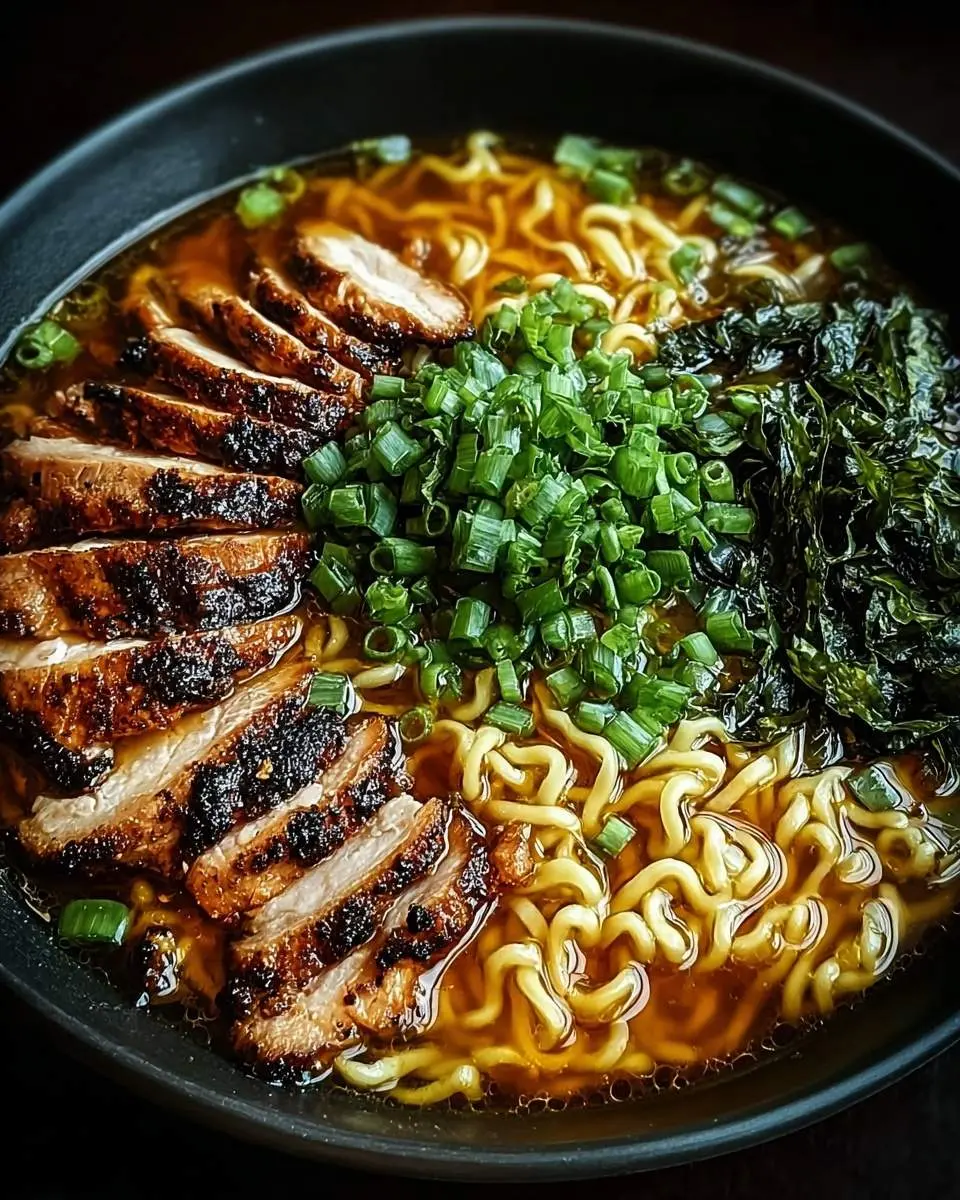 Chicken Ramen Noodles 25 A close-up shot of a delicious bowl of Chicken Ramen Noodles with grilled chicken, green onions, seaweed, and wavy noodles in a rich broth.