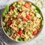 A vibrant bowl of Chickpea Pasta Salad featuring bow-tie pasta, chickpeas, cherry tomatoes, cucumbers, and fresh greens on a marble countertop.