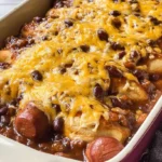 A warm, bubbling Chili Dog Casserole in a rectangular baking dish, featuring hot dogs in dough covered with rich chili and melted cheddar cheese.