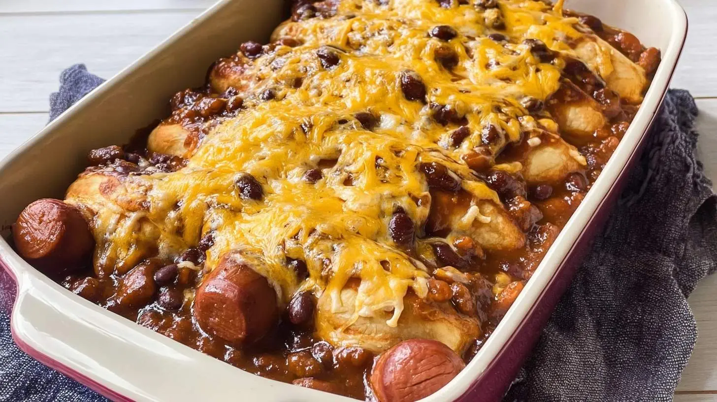 Chili Dog Casserole 28 A warm, bubbling Chili Dog Casserole in a rectangular baking dish, featuring hot dogs in dough covered with rich chili and melted cheddar cheese.