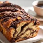A sliced loaf of rich Chocolate Babka with chocolate swirls, drizzled topping, and sprinkles, served on a white plate with a blurred cup of coffee.