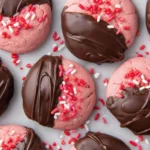 Overhead view of several pink Chocolate Covered Strawberry Cookies, partially dipped in melted dark chocolate and adorned with red and white sprinkles.