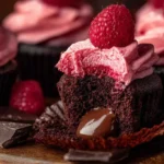 Indulgent Chocolate Raspberry Cupcakes with pink frosting, fresh raspberries, and dark chocolate, one cut open revealing a rich filling.