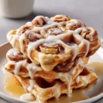 Stack of three golden cinnamon roll waffles with white icing and maple syrup on a white plate, with a mug in the background.