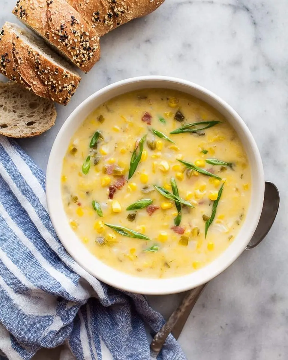 corn soup 25 A bowl of creamy corn soup garnished with green onions and bacon bits, served with sliced rustic bread on a marble background.