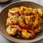 A rustic brown bowl brimming with perfectly cooked, herb-speckled Cowboy Butter Shrimp, with a small dish of sauce in the background.